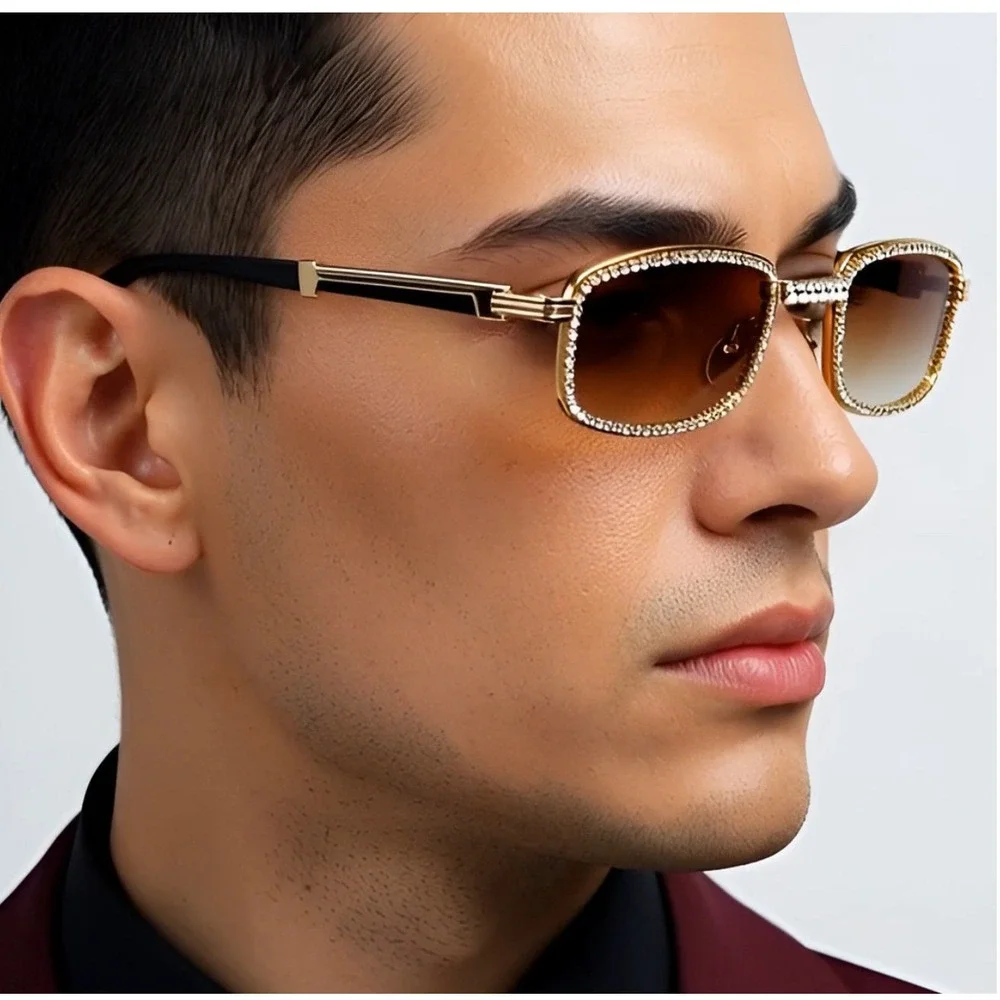 Men Sunglasses Diamond Gold Frame Brown Lens Rectangular Fashion Buffs Woody New